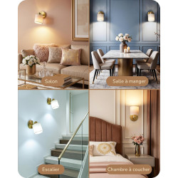 EDISHINE Lot de 2 Appliques Murales Intérieures, Applique LED Dorée avec Abat-jour en Lin, Orientable à 350°/90°, Dimmable en Co