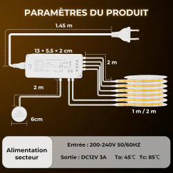 Ruban LED COB 6 x 2 m, Dimmable Contrôle Tactile pour Éclairage de Panneaux Acoustiques, Vitrines, Armoires, Cuisines, Caves à V