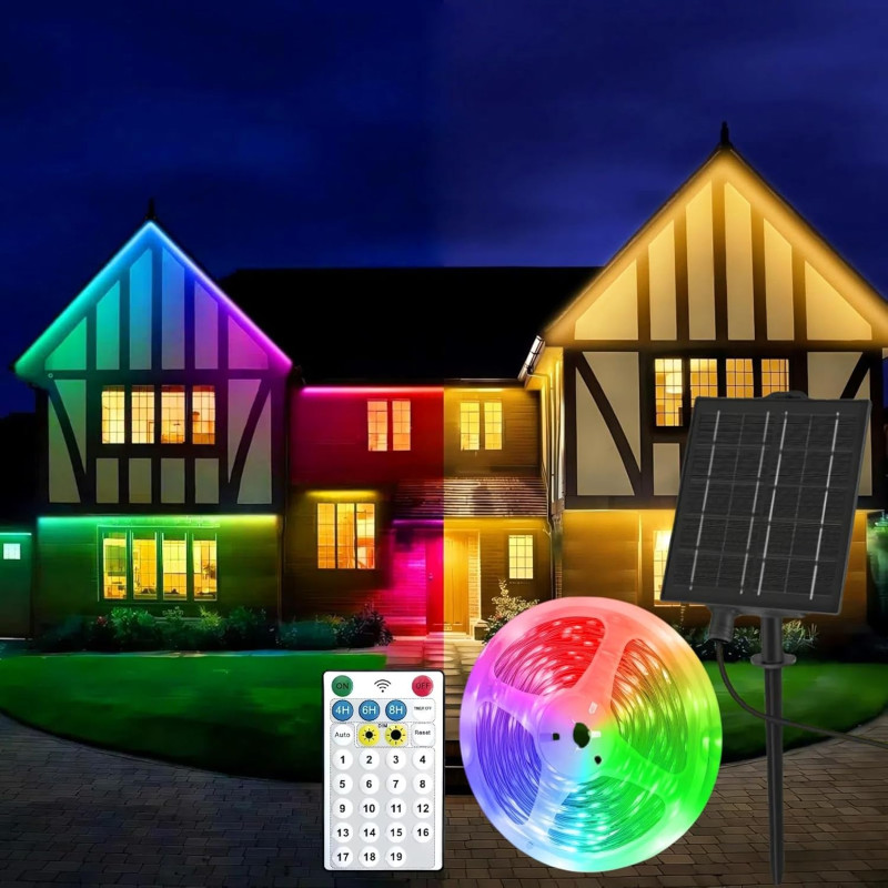 Solaire Ruban LED Exterieur, 5m Bande LED Exterieure Autocollante avec Télécommande, Dimmable, 19 Mode, 320 LED, IP65 Étanche, L