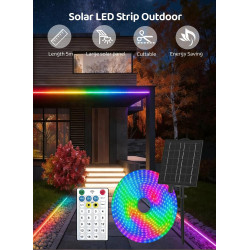 Solaire Ruban LED Exterieur, 5m Bande LED Exterieure Autocollante avec Télécommande, Dimmable, 19 Mode, 320 LED, IP65 Étanche, L