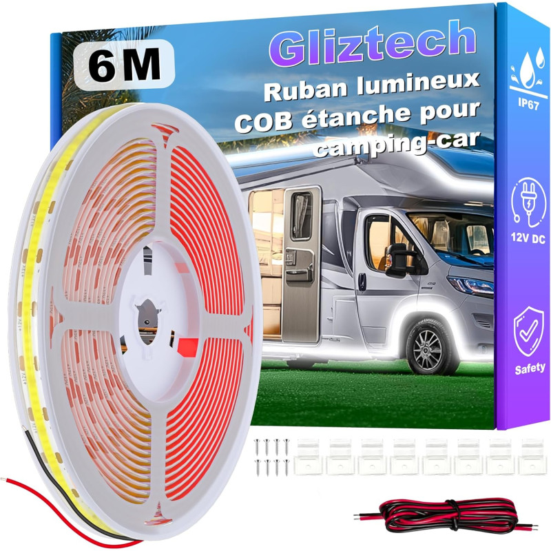 Gliztech Ruban LED 12v Lumière pour Auvent Camping car, lampes pour auvent extérieur de camping-car, IP67 COB Ruban LED Exterieu