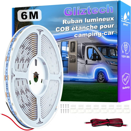 Gliztech Ruban LED 12v Lumière pour Auvent Camping car, lampes pour auvent extérieur de camping-car, IP67 COB Ruban LED Exterieu