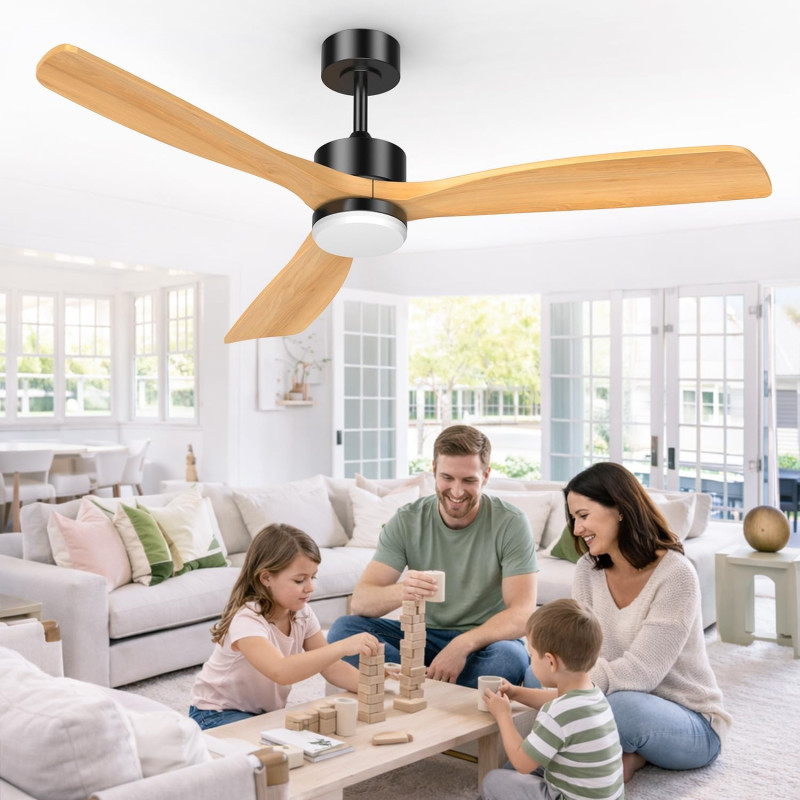 Airwit 152cm Ventilateur Plafond Grand avec Pales en Bois Massif, Ventilateur Plafond avec Lumiere LED Réglable et Télécommande,