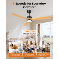 Airwit 152cm Ventilateur Plafond Grand avec Pales en Bois Massif, Ventilateur Plafond avec Lumiere LED Réglable et Télécommande,