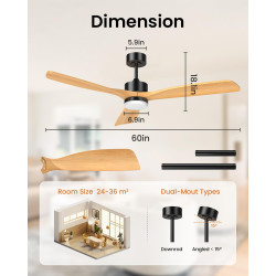 Airwit 152cm Ventilateur Plafond Grand avec Pales en Bois Massif, Ventilateur Plafond avec Lumiere LED Réglable et Télécommande,