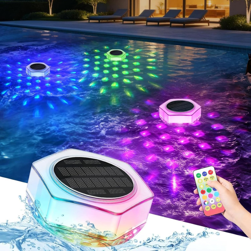 Lumiere Piscine Flottante Solaire Lampe Piscine avec Télécommande, IP68 Étanche Eclairage Piscine Hors Sol 7 Couleurs RGB Lumier