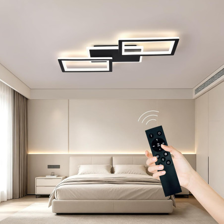 Plafonnier LED Noir 33W 54CM, Éclairage de Plafond Moderne à 3 Rectangles, Télécommande pour Réglage de 3 Couleurs et Luminosité