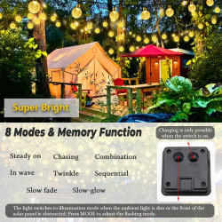 Guirlande Lumineuse Exterieur Solaire, LEDs Guirlande 8 Modes, Guinguette Extérieur, IP65 Étanche, pour Terrasse Balcon Fête Jar