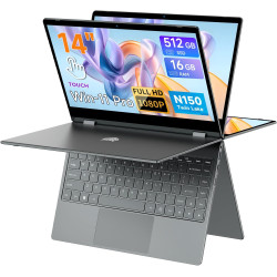 BMAX Ordinateur Portable 2 en 1 Intel N150 (surpasse N100/R3 3200U) Écran Tactile PC Portable 14" 16Go RAM 512Go SSD Clavier Rét