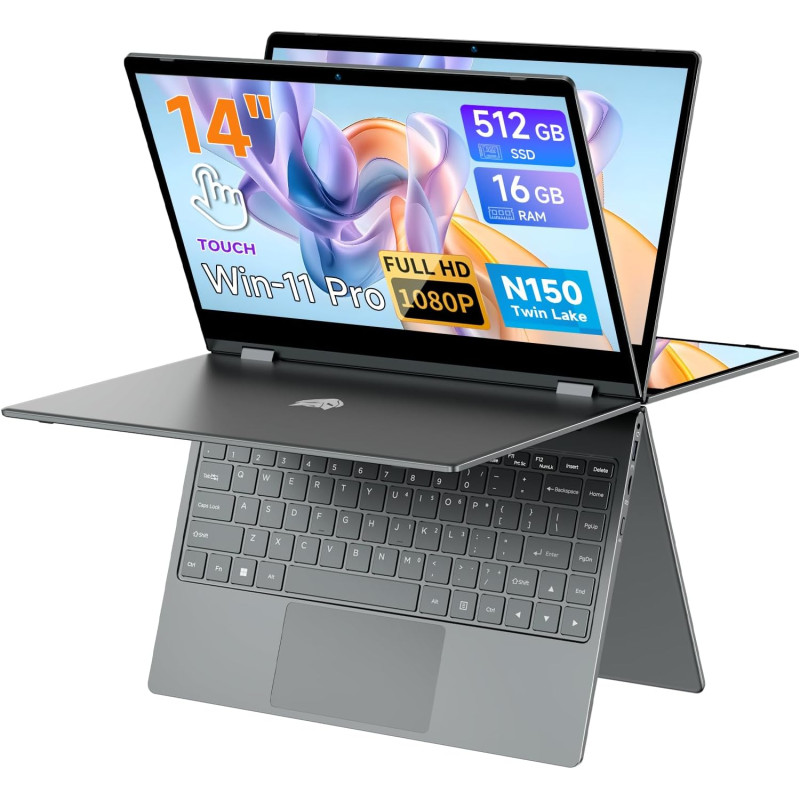 BMAX Ordinateur Portable 2 en 1 Intel N150 (surpasse N100/R3 3200U) Écran Tactile PC Portable 14" 16Go RAM 512Go SSD Clavier Rét