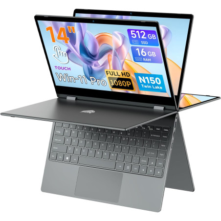 BMAX Ordinateur Portable 2 en 1 Intel N150 (surpasse N100/R3 3200U) Écran Tactile PC Portable 14" 16Go RAM 512Go SSD Clavier Rét