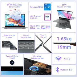 BMAX Ordinateur Portable 2 en 1 Intel N150 (surpasse N100/R3 3200U) Écran Tactile PC Portable 14" 16Go RAM 512Go SSD Clavier Rét