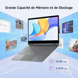 BMAX Ordinateur Portable 2 en 1 Intel N150 (surpasse N100/R3 3200U) Écran Tactile PC Portable 14" 16Go RAM 512Go SSD Clavier Rét