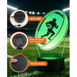 Veilleuse Ballon Rugby Illusion 3D, Lampe de Chevet LED 7 Couleurs pour Garçon, Lumière Douce Nuit, Décoration Chambre et Cadeau