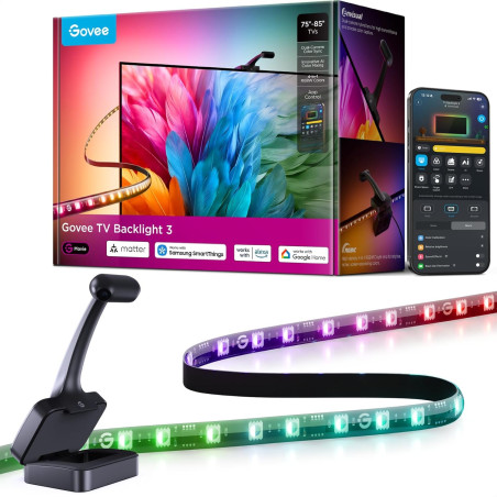 Govee Rétroéclairage TV LED 3 RGBWIC avec Double Caméra 4 MP, Ruban LED de 5m synchronisé avec l'écran pour TV 75-85", 60 LED/m,