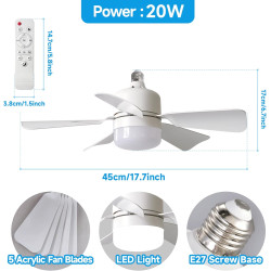 Eznaobo Ventilateur plafond avec lumiere, E27 30W Lampe Ventilateur Plafond avec télécommande et Minuterie, 3 vitesses 3 Couleur