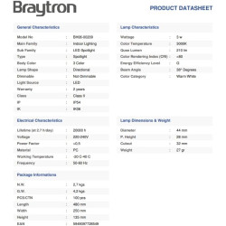 Braytron Mini spot LED encastrable 3 W Ø 44 mm - 210 lm blanc chaud 3000 K IP54 Mini spot encastrable 230 V sans transformateur 