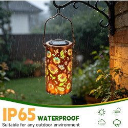 Lanterne Solaire Tournesol Extérieur Imperméable, IP65, Suspendue ou Posée, Lampe Solaire Métal avec Silhouettes de Tournesols, 