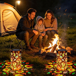 Lanterne Solaire Tournesol Extérieur Imperméable, IP65, Suspendue ou Posée, Lampe Solaire Métal avec Silhouettes de Tournesols, 
