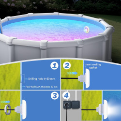 25W Projecteur Piscine LED avec Filetage 2", 12V RGB Spot pour Piscines Hors-Sol Acier, Contrôle APP et Dimmable, Étanche IP68 E