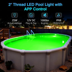 25W Projecteur Piscine LED avec Filetage 2", 12V RGB Spot pour Piscines Hors-Sol Acier, Contrôle APP et Dimmable, Étanche IP68 E