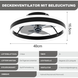 DATO Ventilateur de plafond avec éclairage, 3 températures de couleur et 6 vitesses, application/télécommande, silencieux, inten