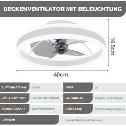 DATO Ventilateur de plafond avec éclairage, 3 températures de couleur et 6 vitesses, application/télécommande, silencieux, inten
