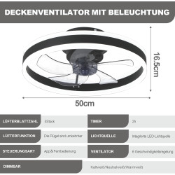 DATO Ventilateur de plafond avec éclairage, 3 températures de couleur et 6 vitesses, application/télécommande, silencieux, inten