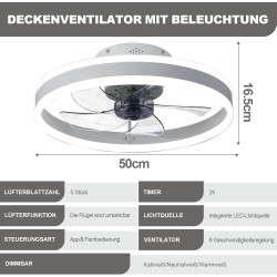DATO Ventilateur de plafond avec éclairage, 3 températures de couleur et 6 vitesses, application/télécommande, silencieux, inten