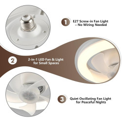 Ventilateur de Plafond avec Lumiere, Ventilateur de Plafond avec Eclairage et Télécommande, 26 cm, 3 températures de couleur, mi