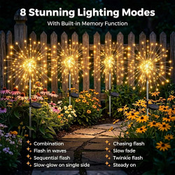 Joycome Lampe Solaire Exterieur 4 Pièces 120 LED Feux d'artifice Solaires, 8 Modes Lumière Solaires Extérieure IP65 Étanche pour