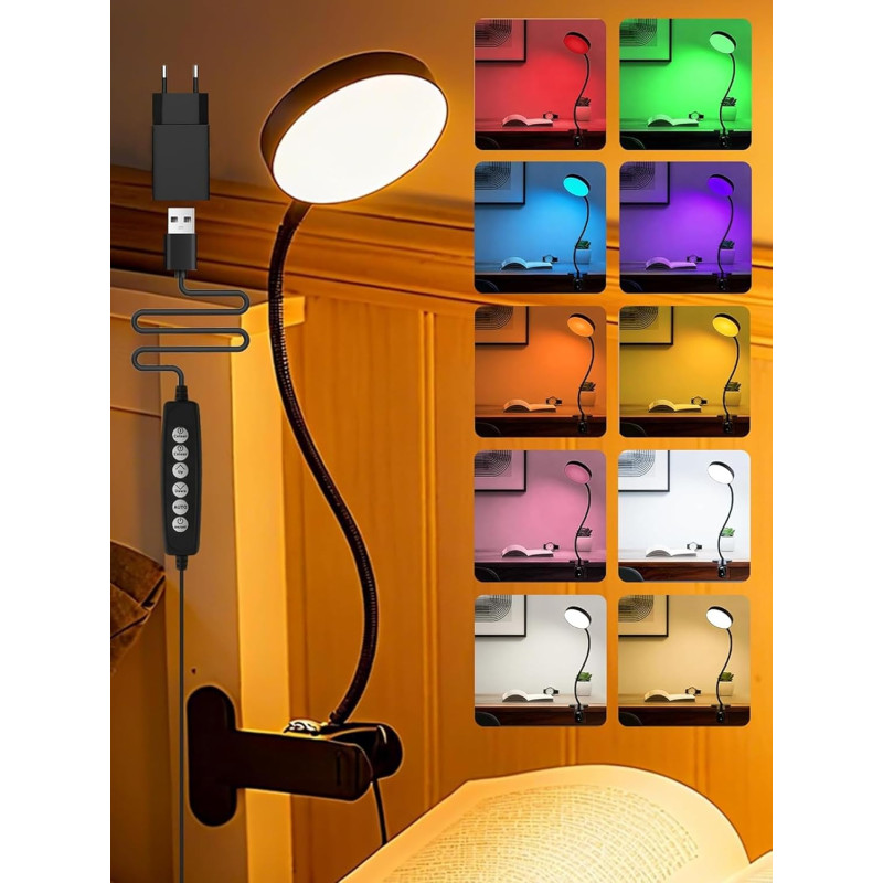 Lampe de lecture pour lit, 10 couleurs + 10 niveaux de luminosité, 500 lm, lampe à pince claire, veilleuse pour enfants, adaptat