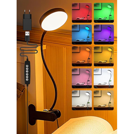 Lampe de lecture pour lit, 10 couleurs + 10 niveaux de luminosité, 500 lm, lampe à pince claire, veilleuse pour enfants, adaptat