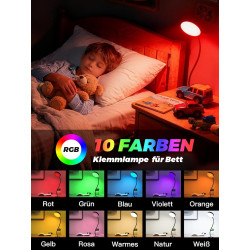 Lampe de lecture pour lit, 10 couleurs + 10 niveaux de luminosité, 500 lm, lampe à pince claire, veilleuse pour enfants, adaptat