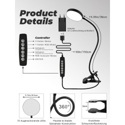 Lampe de lecture pour lit, 10 couleurs + 10 niveaux de luminosité, 500 lm, lampe à pince claire, veilleuse pour enfants, adaptat