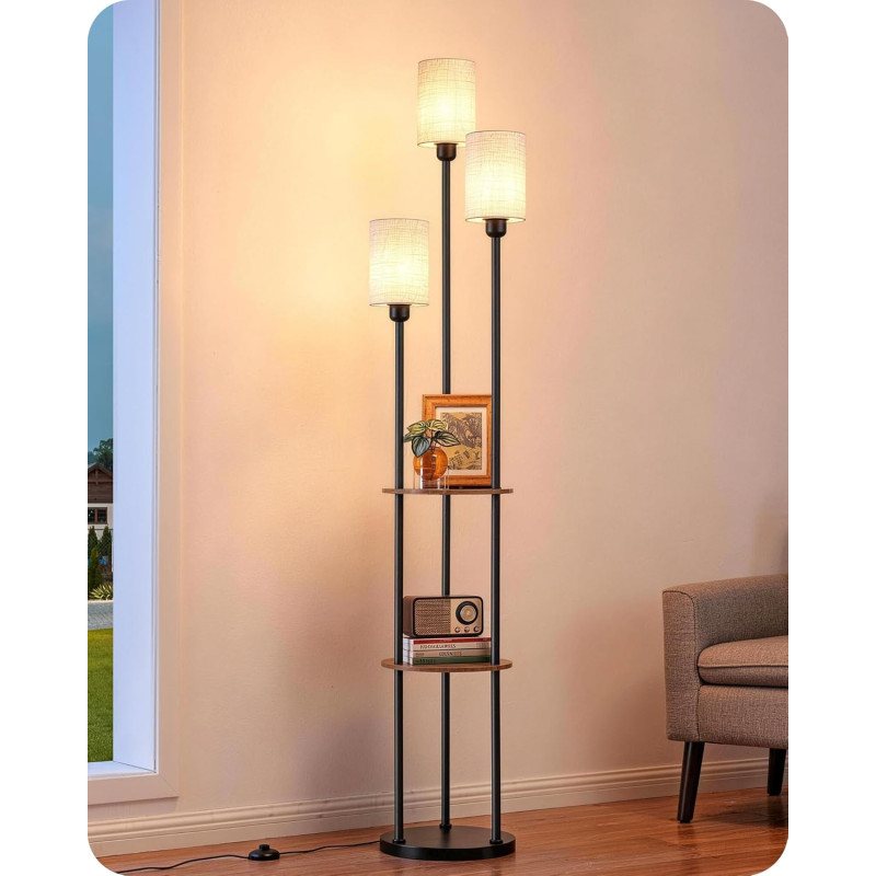 EDISHINE Lampadaire sur Pied pour Salon, Lampe sur Pied LED 3-Flamme avec Étagère et Abat-Jour en Lin, Douille E27, Ampoules Inc