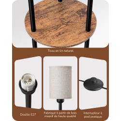 EDISHINE Lampadaire sur Pied pour Salon, Lampe sur Pied LED 3-Flamme avec Étagère et Abat-Jour en Lin, Douille E27, Ampoules Inc