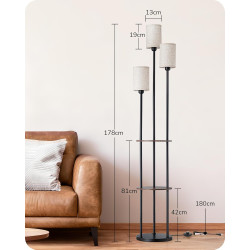 EDISHINE Lampadaire sur Pied pour Salon, Lampe sur Pied LED 3-Flamme avec Étagère et Abat-Jour en Lin, Douille E27, Ampoules Inc
