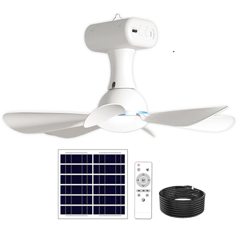 Ventilateur de plafond solaire portable avec télécommande, batterie 6000 mAh et panneau 6 W, idéal pour une utilisation intérieu