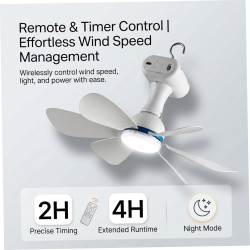 Ventilateur de plafond solaire portable avec télécommande, batterie 6000 mAh et panneau 6 W, idéal pour une utilisation intérieu