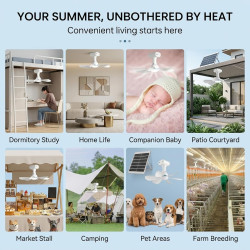 Ventilateur de plafond solaire portable avec télécommande, batterie 6000 mAh et panneau 6 W, idéal pour une utilisation intérieu