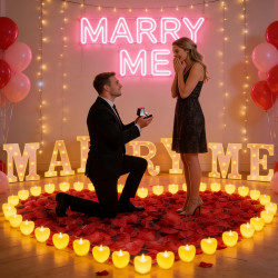 Lot de 2031 lettres lumineuses Marry Me pour décoration de demande en mariage, 2000 pétales de rose, plaque Marry Me avec 24 bou