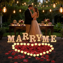 Lot de 2031 lettres lumineuses Marry Me pour décoration de demande en mariage, 2000 pétales de rose, plaque Marry Me avec 24 bou