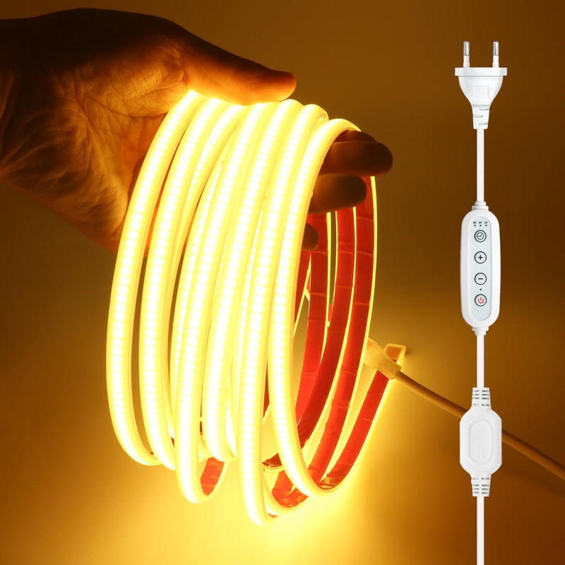 Dimmable Ruban LED COB avec Fonction Minuterie, Lumière au LED IP65 étanche 230V 288LEDs/m Silicone Bandeau Autocollant Flex Rub