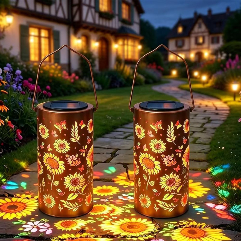 2 Pièces Lanterne Solaire d'extérieur,IP65 Étanche Lanterne Solaire pour Jardin,Lampe Décorative Jardin Suspendue Tournesol,Lamp