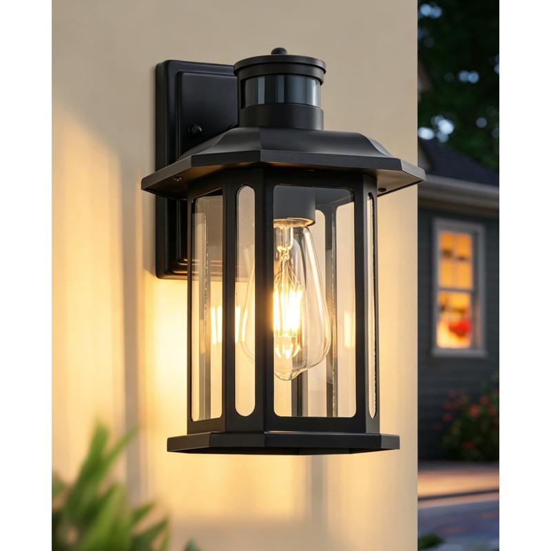 FTL Applique Extérieure avec Détecteur de Mouvement, 3 Modes E27 Lanterne Murale pour Extérieur, Noire Porche Luminaire Exterieu