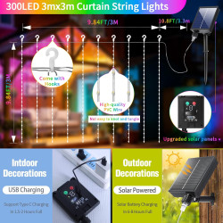 3 EN 1 Rideau lumineux solaire d'extérieur 3 x 3 m, guirlande lumineuse à 300 LED, 8 modes, rideau lumineux solaire étanche IP65