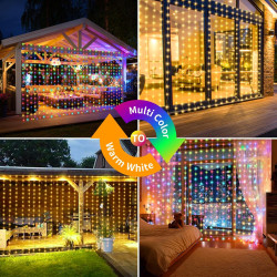3 EN 1 Rideau lumineux solaire d'extérieur 3 x 3 m, guirlande lumineuse à 300 LED, 8 modes, rideau lumineux solaire étanche IP65