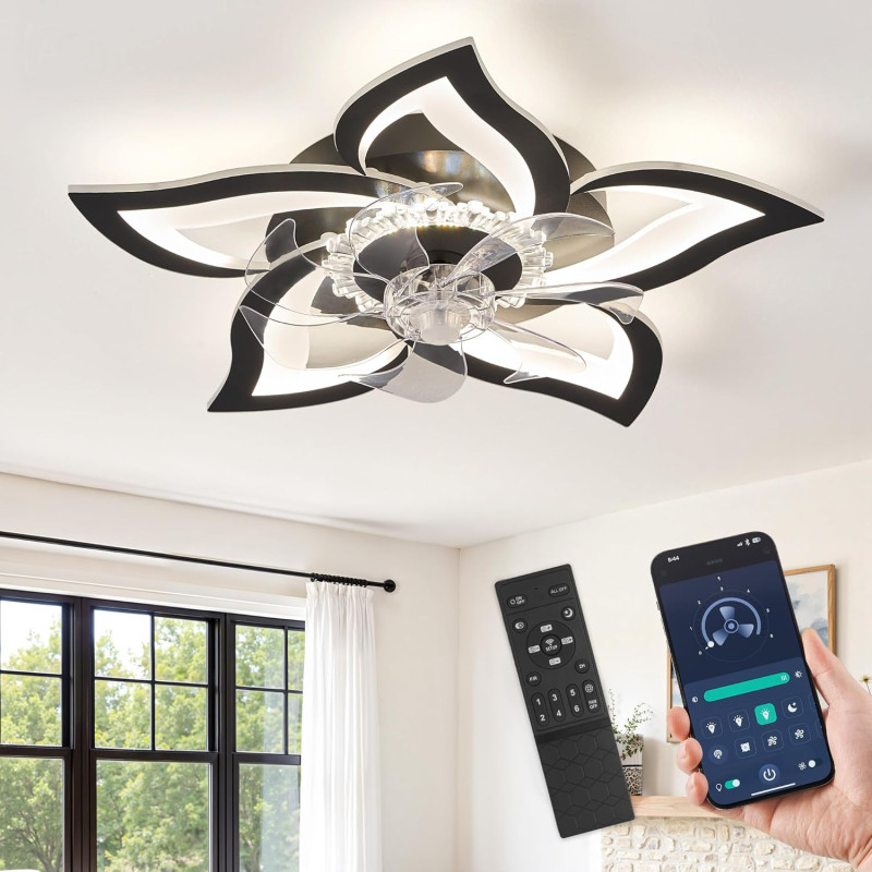 Zmishibo lustre ventilateur de plafond, plafonnier ventilateur silencieux floral 69cm, moteur cc inversible 6 vitesses, led dimm