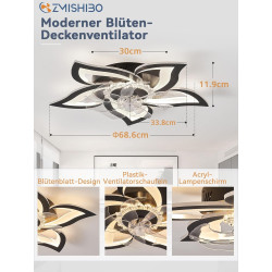Zmishibo lustre ventilateur de plafond, plafonnier ventilateur silencieux floral 69cm, moteur cc inversible 6 vitesses, led dimm